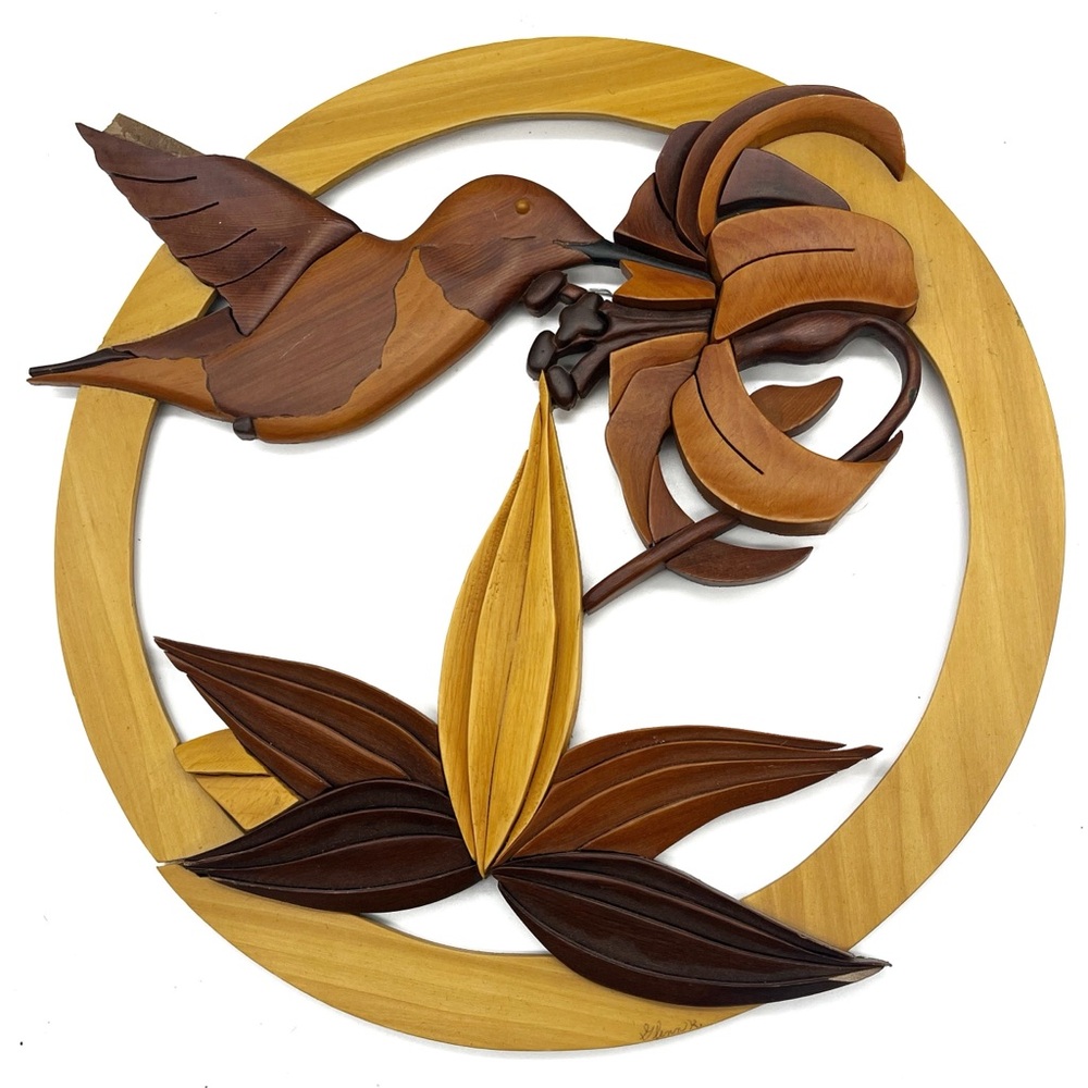 Hummingbird Flower Intarsia Wood Wall Art Home Decor Plaque Lodge New